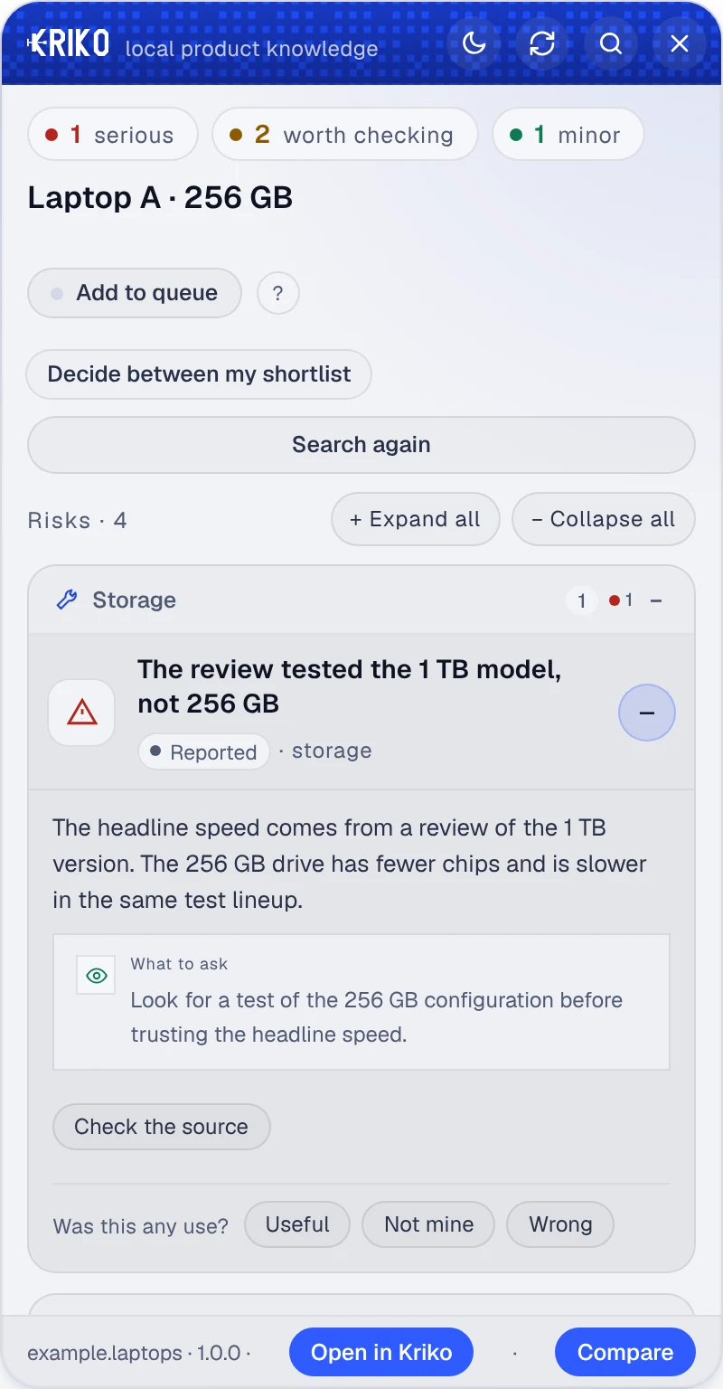 One finding opened. It explains that the review tested a different storage size, and suggests what to ask the seller.